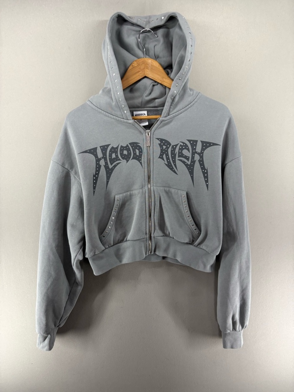 Hoodrich Women Aspen Studded Boxy Cropped Full-Zip Hoodie Small Gray